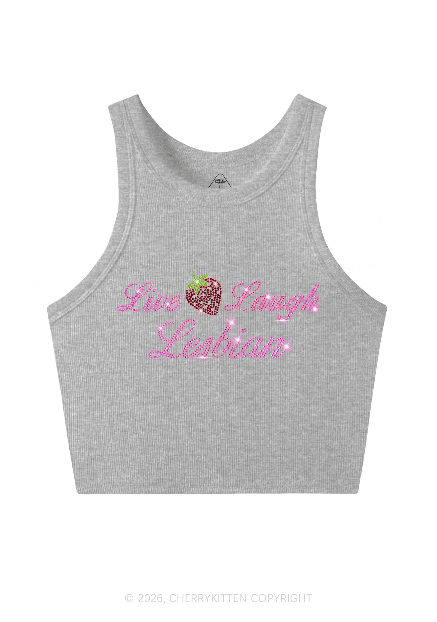 Rhinestone Live Laugh Lesbian Strawberry Pride Y2K Crop Tank Top Cherrykitten