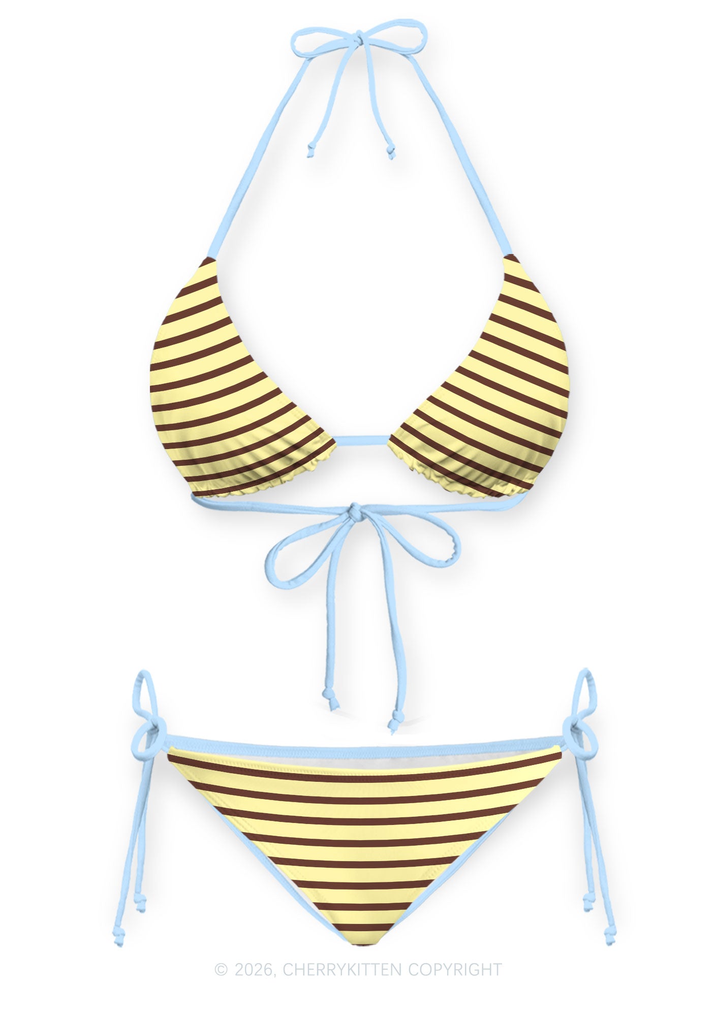 Yellow Brown Stripes Y2K Print Bikini Set Cherrykitten