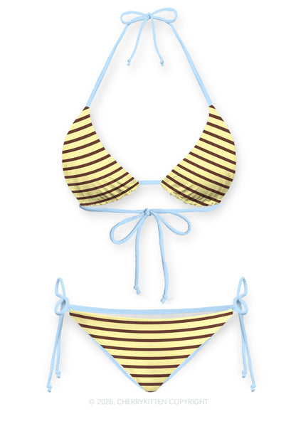 Yellow Brown Stripes Y2K Print Bikini Set Cherrykitten