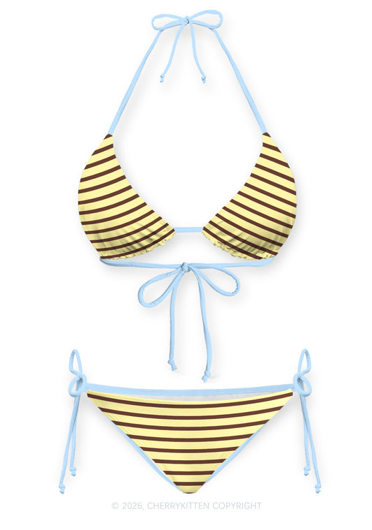 Yellow Brown Stripes Y2K Print Bikini Set Cherrykitten