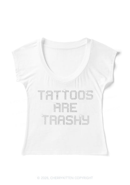 Rhinestone Tattoos Are Trashy Y2K V Neck T Shirts Cherrykitten