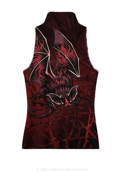 Halloween Flaming Bat Thorn Web Y2K Knit Turtleneck Tank Top Cherrykitten