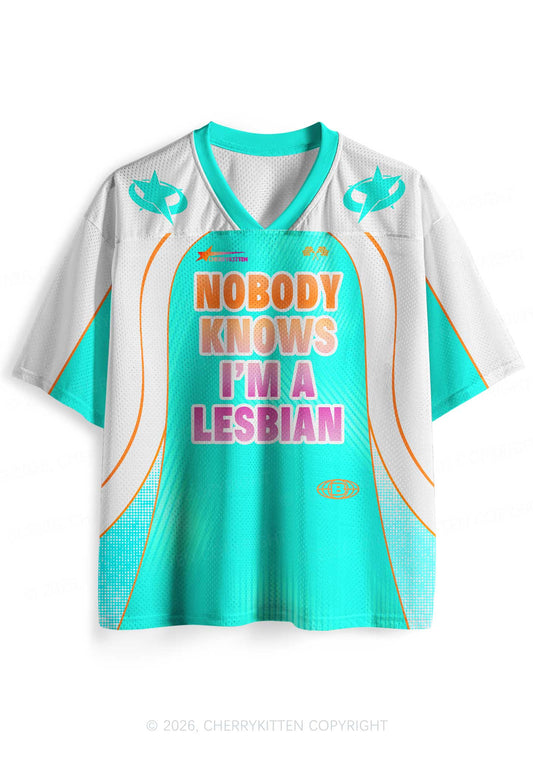 Nobody Knows Im Lesbian Pride Y2K Sport Jersey Shirts Cherrykitten