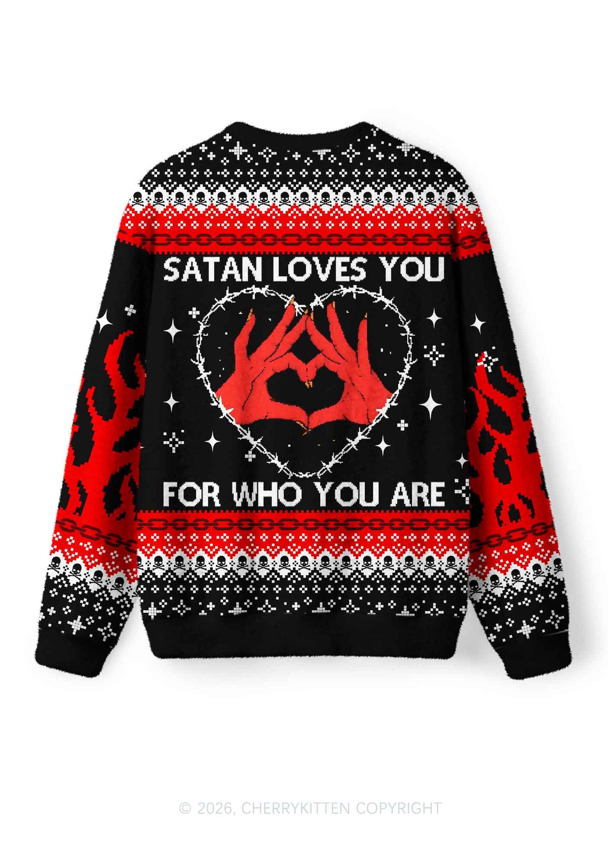 Halloween Satan Loves You Heart Y2K Christmas Knit Sweatshirt Cherrykitten