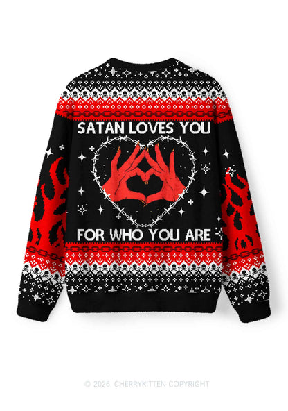 Halloween Satan Loves You Heart Y2K Christmas Knit Sweatshirt Cherrykitten