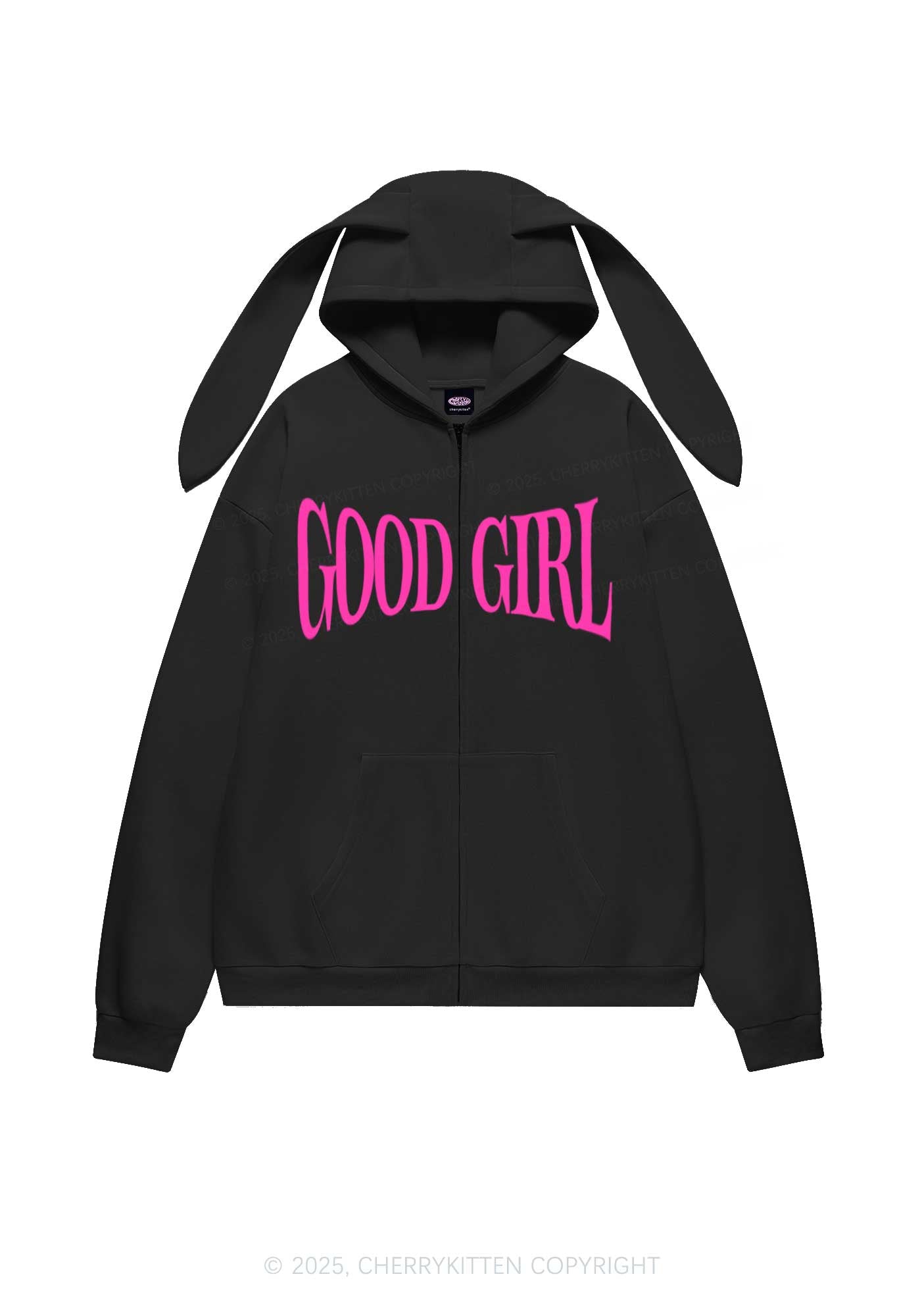Good Girl Y2K Bunny Ear Zip Hoodie Cherrykitten