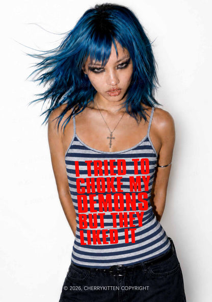 I Tried To Choke My Demons Y2K Navy Grey Striped Spaghetti Strap Cami Cherrykitten