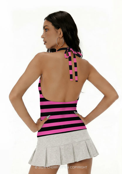 Pink And Black Stripes Y2K Print Halter Deep V Neck Cami Cherrykitten