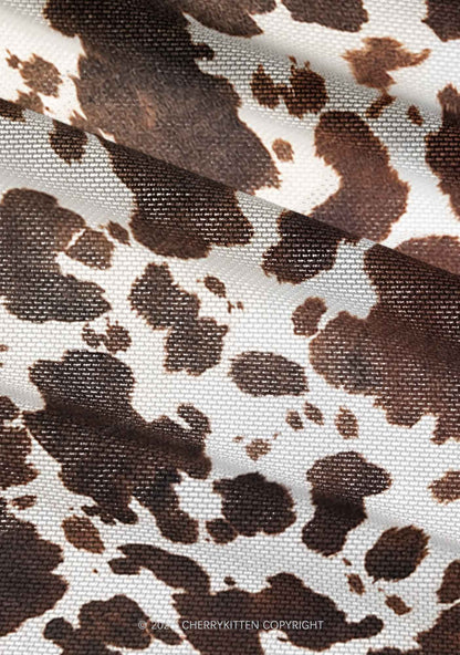 Brown And White Cow Dots Y2K Mesh Ruched Waist V Neck Top Cherrykitten