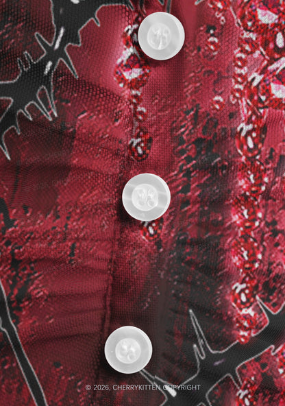 Halloween Thorned Ruby Y2K Mesh Ruched  Waist  V Neck Top Cherrykitten