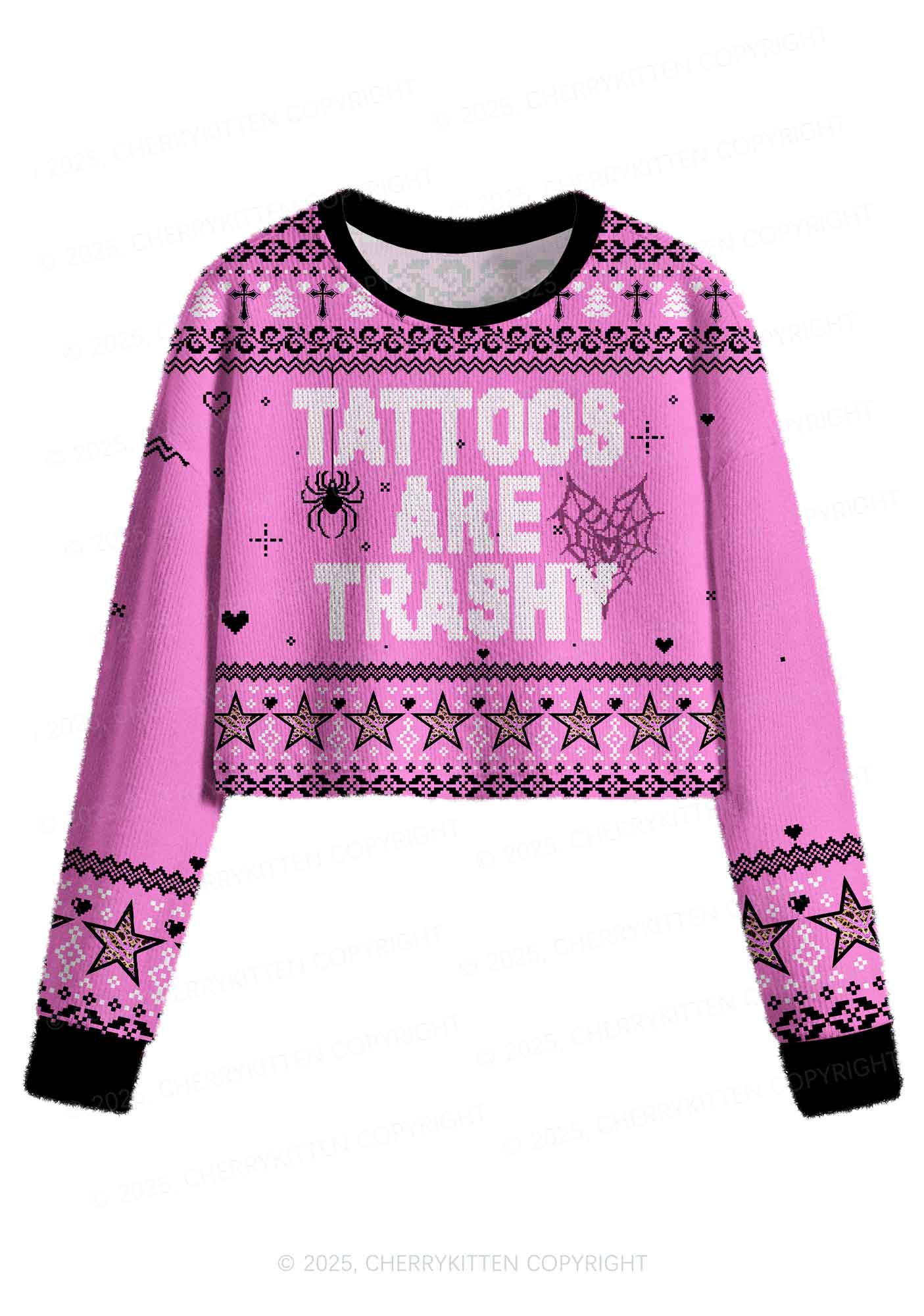 Tattoos Are Trashy Y2K Christmas Crop Knit Sweatshirt Cherrykitten