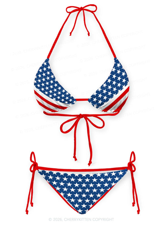 Navy Star Red White Stripe Y2K Print Bikini Set Cherrykitten