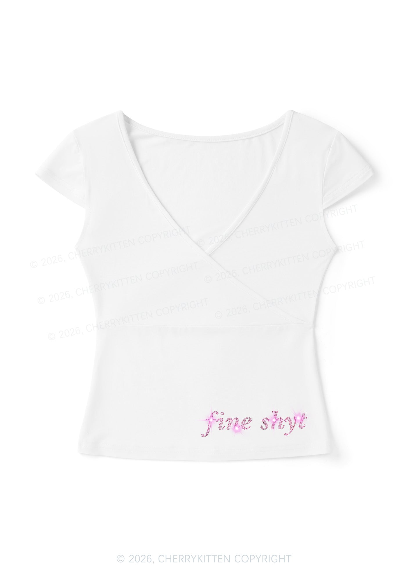 Rhinestone Fine Shyt Y2K Wrap V Neck T Shirts Cherrykitten