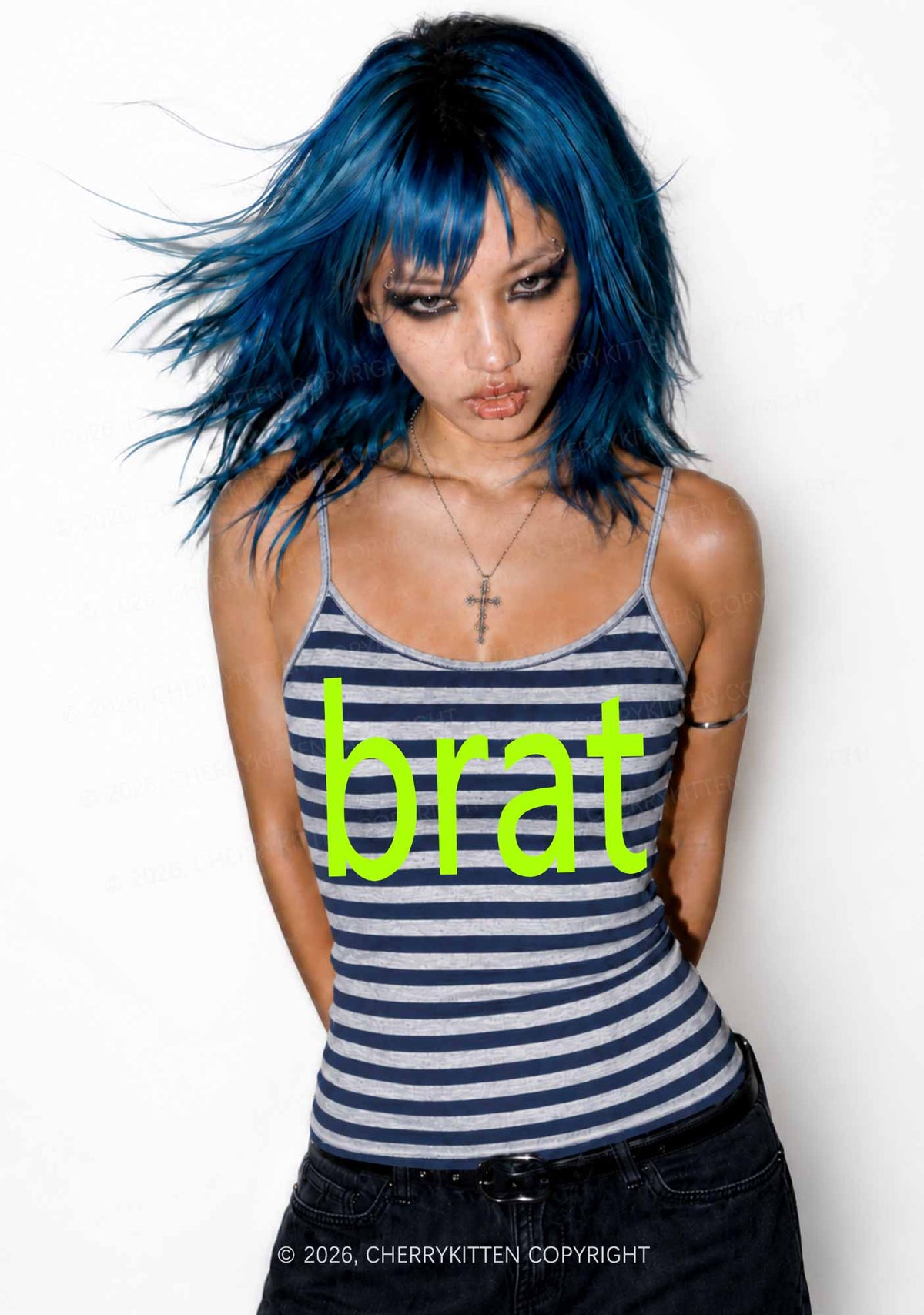 Green Brat Y2K Navy Grey Striped Spaghetti Strap Cami Cherrykitten