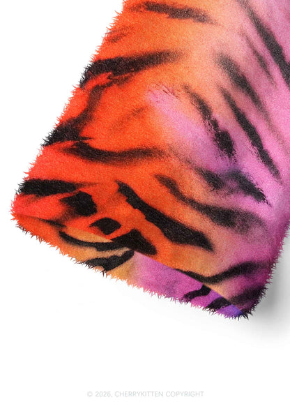 Rainbow Gradient Tiger Stripe Y2K Print Fuzzy Straight Leg Warmers Cherrykitten