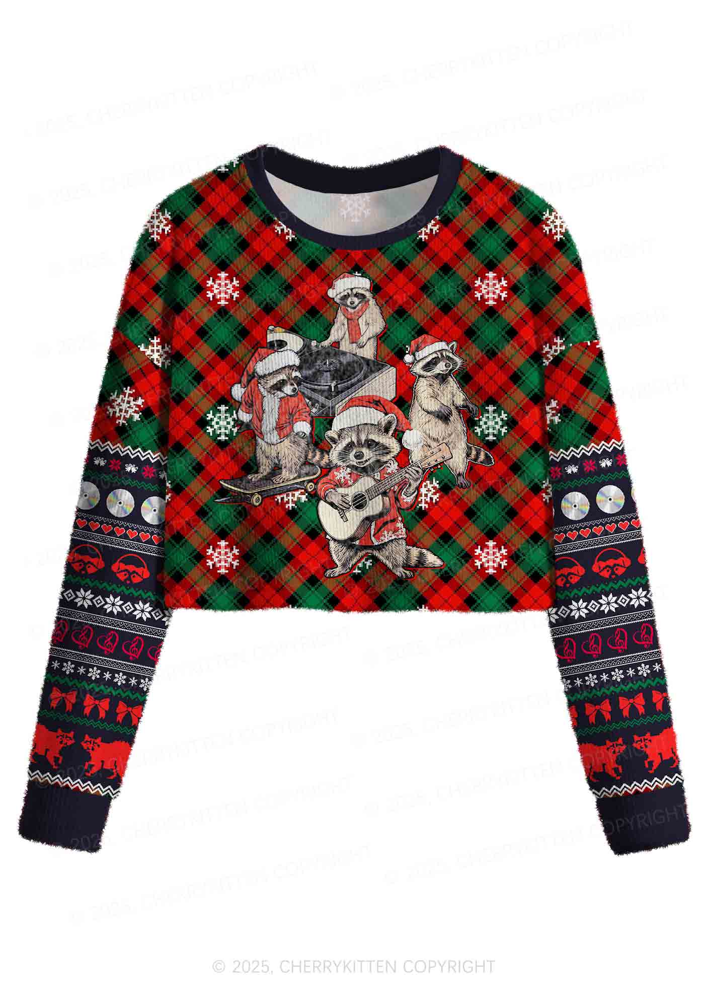 Raccoon Concert Y2K Christmas Crop Knit Sweatshirt Cherrykitten