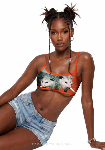 Smoking Badass Possum Y2K Print Super Crop Cami Cherrykitten