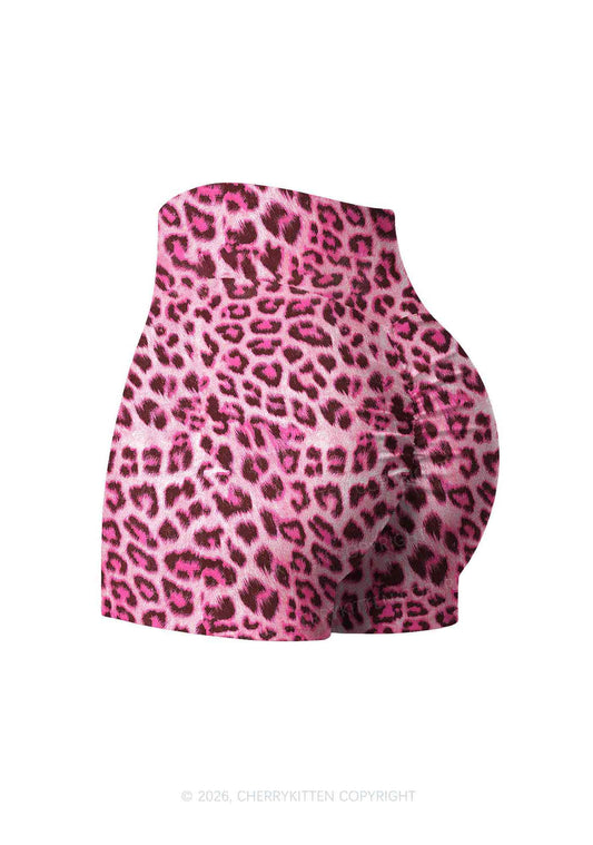 Pink Leopard Y2K Print Gym Shorts Cherrykitten