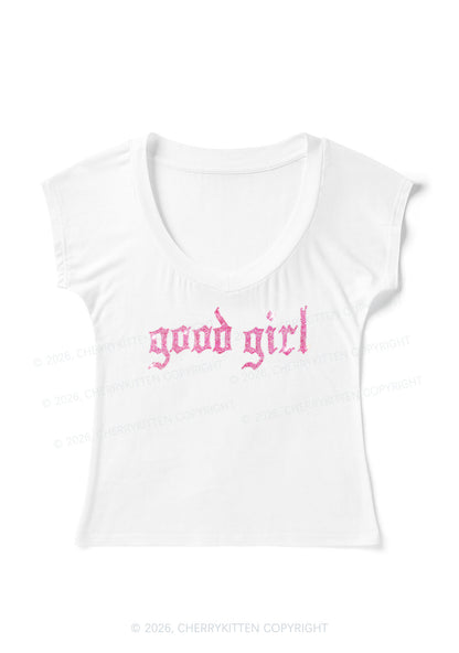 Rhinestone Good Girl Y2K V Neck T Shirts Cherrykitten