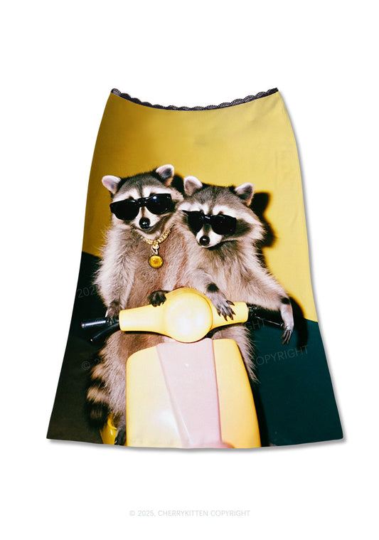 Raccoon Riders Y2K Print Midi Skirt Cherrykitten