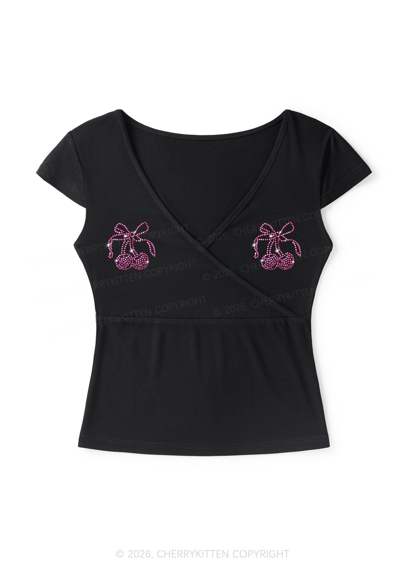 Rhinestone Cherry Bow Y2K Wrap V Neck T Shirts Cherrykitten