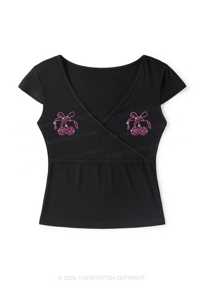 Rhinestone Cherry Bow Y2K Wrap V Neck T Shirts Cherrykitten