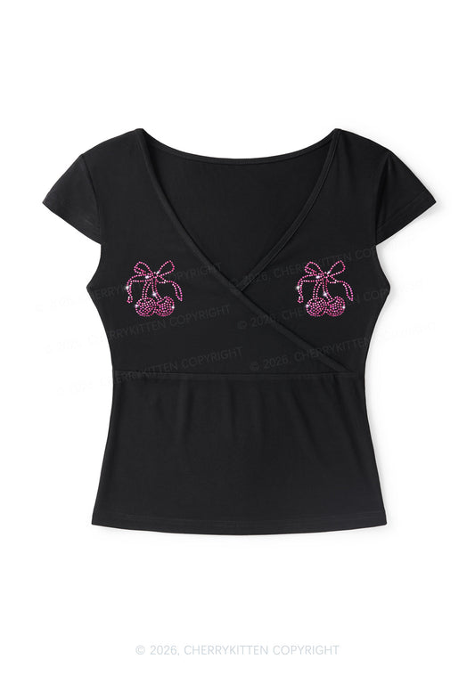 Rhinestone Cherry Bow Y2K Wrap V Neck T Shirts Cherrykitten