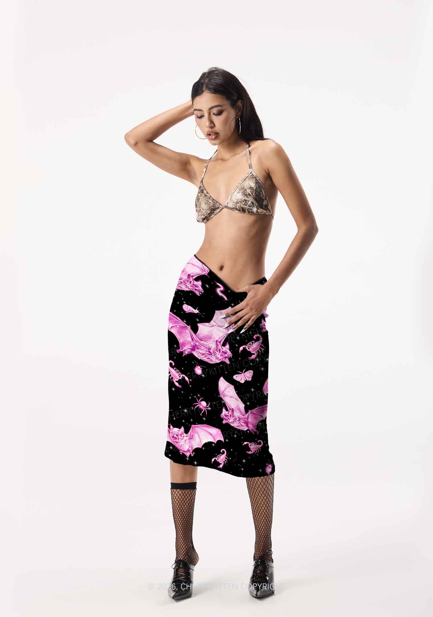 Halloween Pink Bat Y2K Print Midi Skirt Cherrykitten