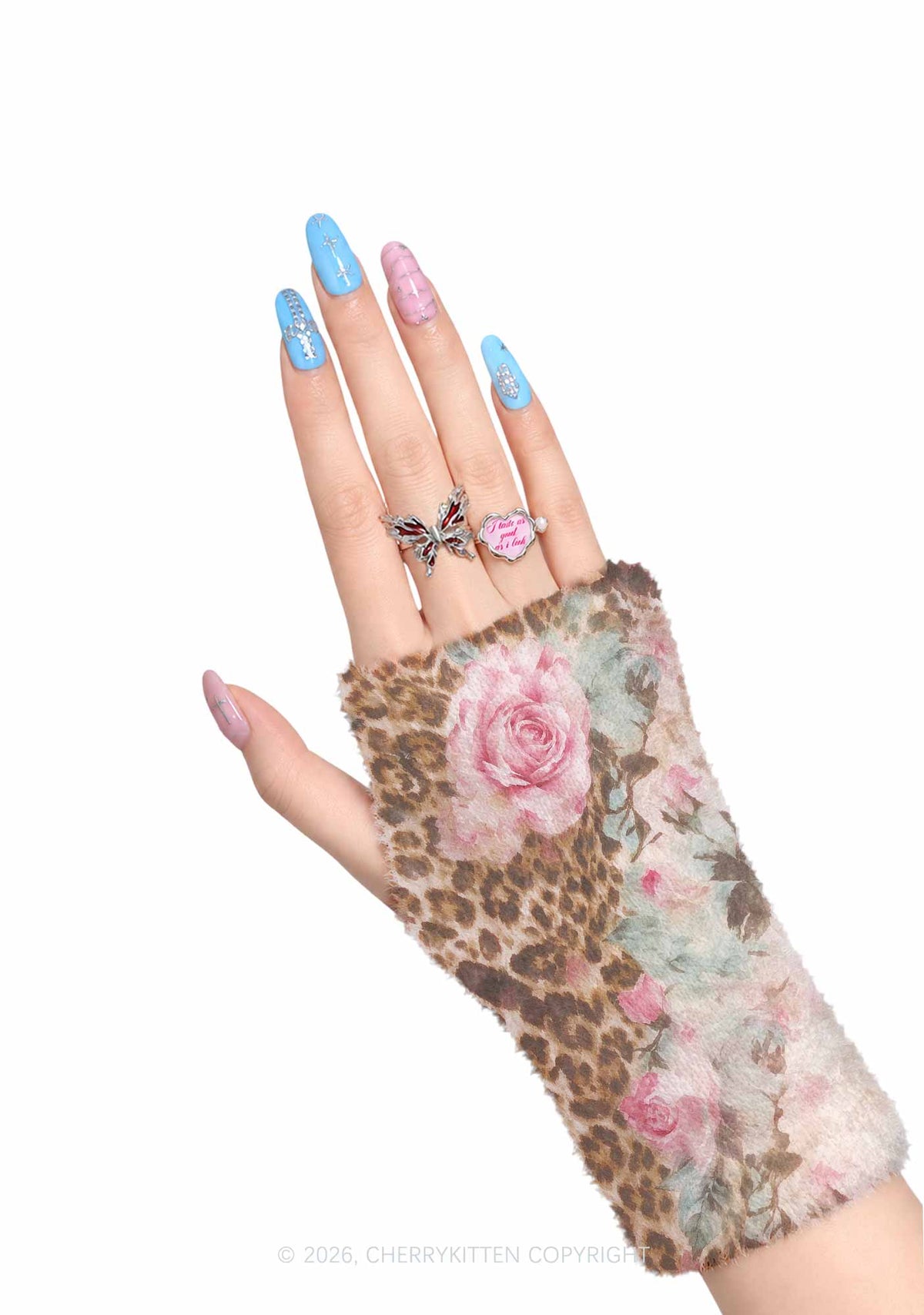 Pink Rose Leopard Y2K Print Fuzzy Arm Warmers Cherrykitten