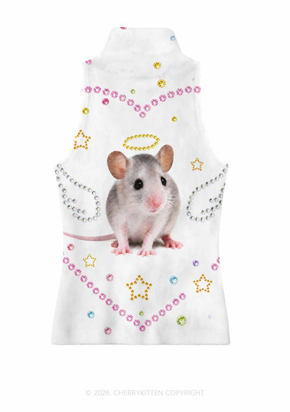 Rhinestone Angel Rat Y2K Knit Turtleneck Tank Top Cherrykitten