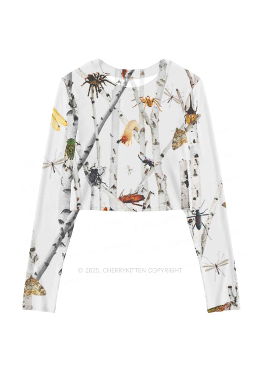 Insects On Birch Y2K Mesh Long Sleeve Crop Top Cherrykitten