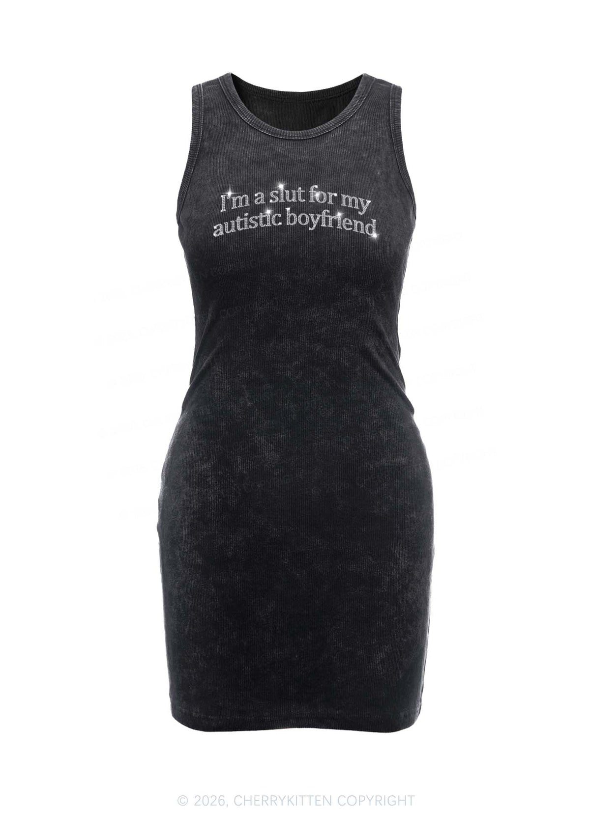 Rhinestone Slxt For My Autistic BF Y2K Washed Tank Dress Cherrykitten