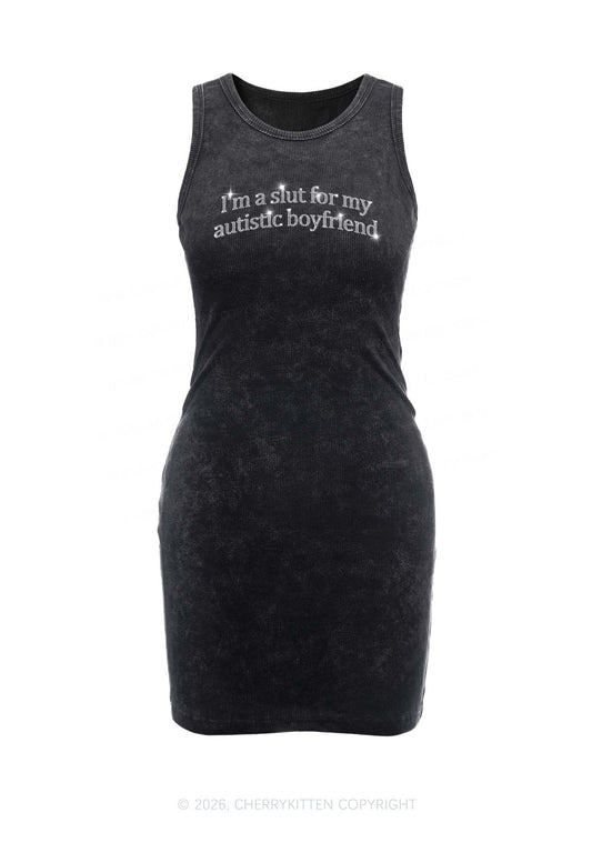 Rhinestone Slxt For My Autistic BF Y2K Washed Tank Dress Cherrykitten