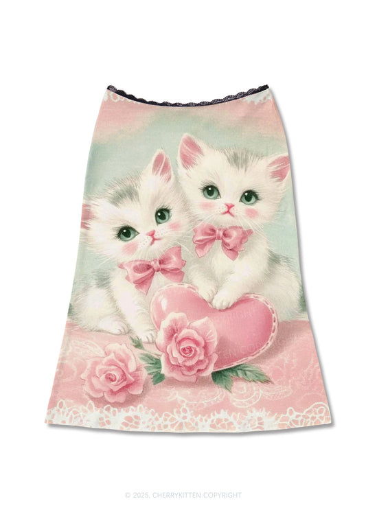 Rose Kitties Y2K Print Midi Skirt Cherrykitten