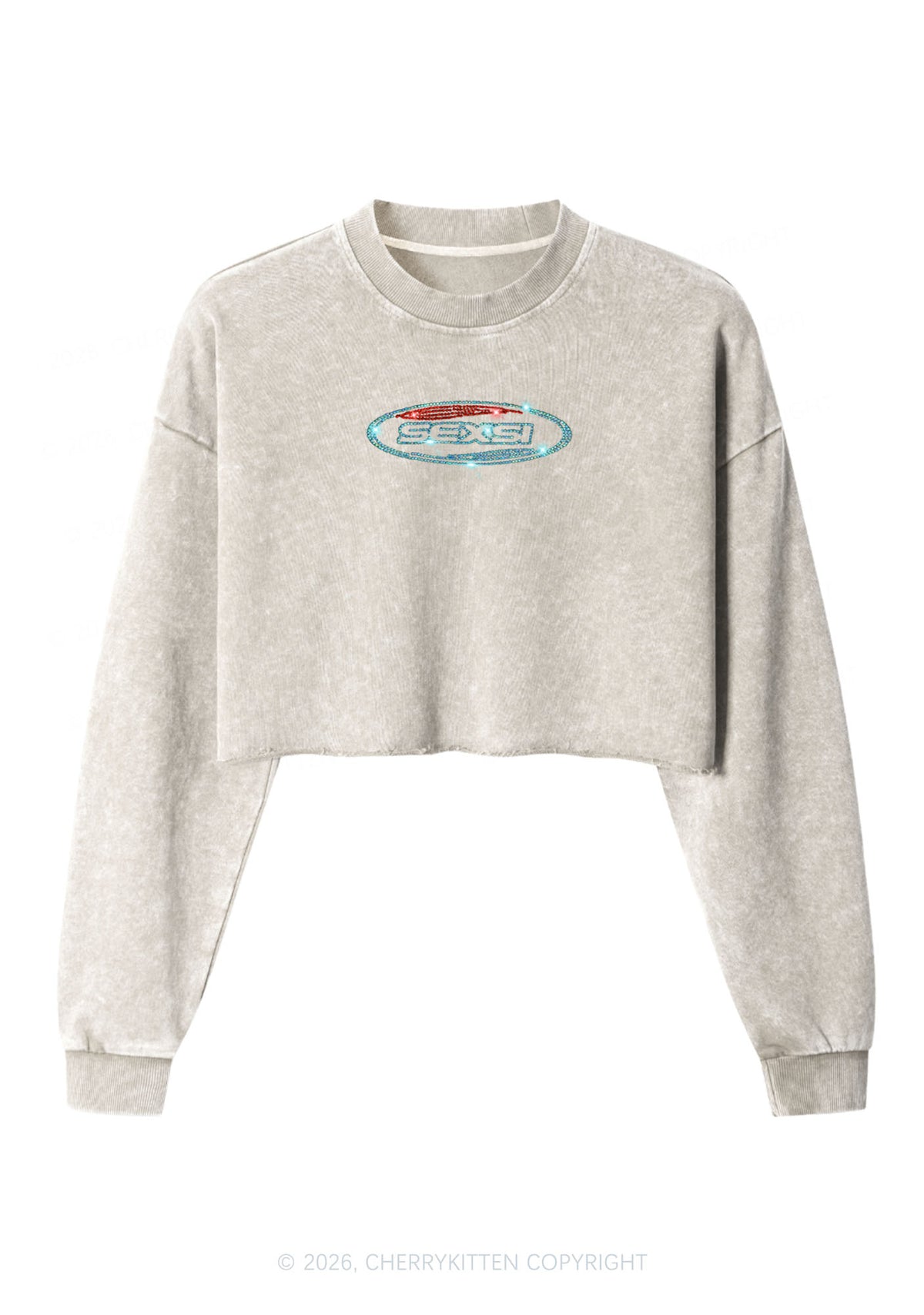 Rhinestone Sexsi Slogan Y2K Crop Washed Sweatshirts Cherrykitten