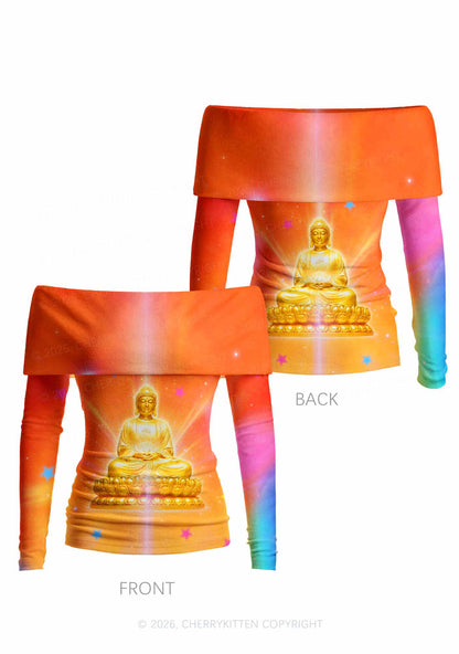 Golden Buddha Y2K Off Shoulder Fold Over Knit Top Cherrykitten