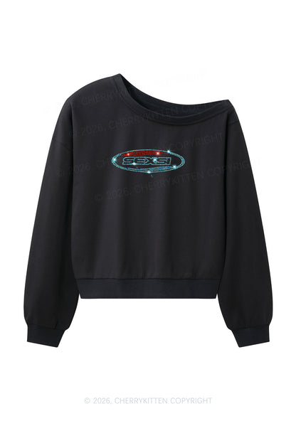 Rhinestone Sexsi Slogan Y2K Off Shoulder Sweatshirts Cherrykitten