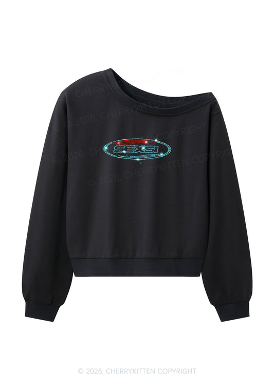 Rhinestone Sexsi Slogan Y2K Off Shoulder Sweatshirts Cherrykitten