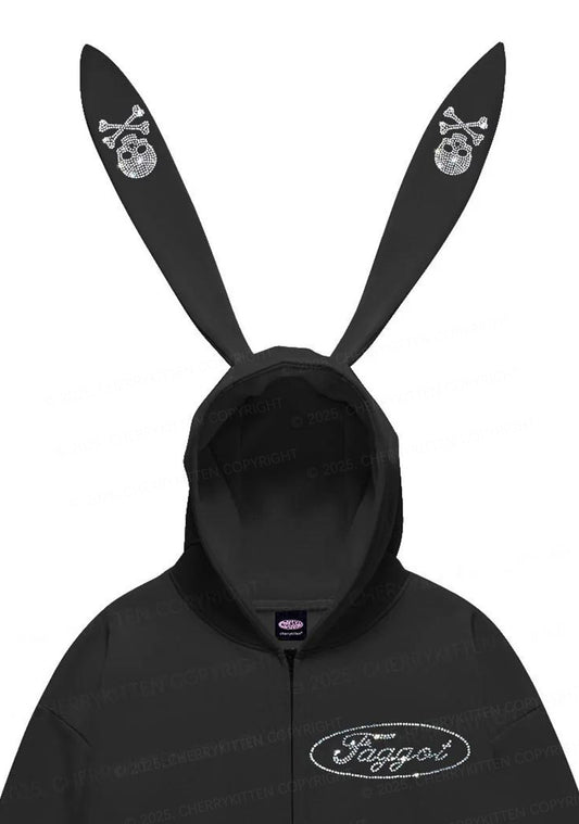 Rhinestone Faggot Pride Y2K Bunny Ear Zip Hoodie Cherrykitten
