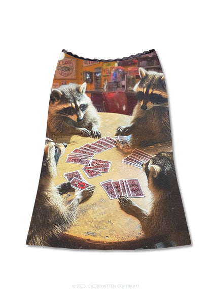 Raccoon Poker Y2K Print Midi Skirt Cherrykitten