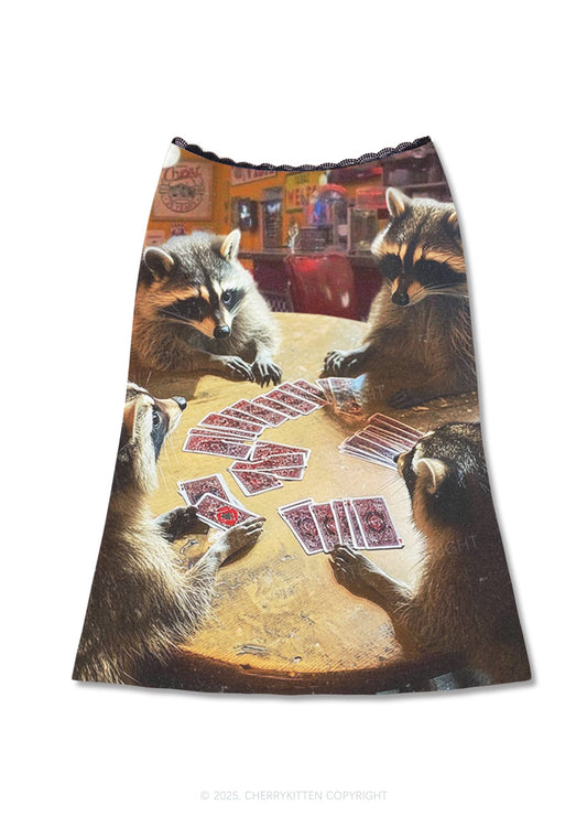 Raccoon Poker Y2K Print Midi Skirt Cherrykitten