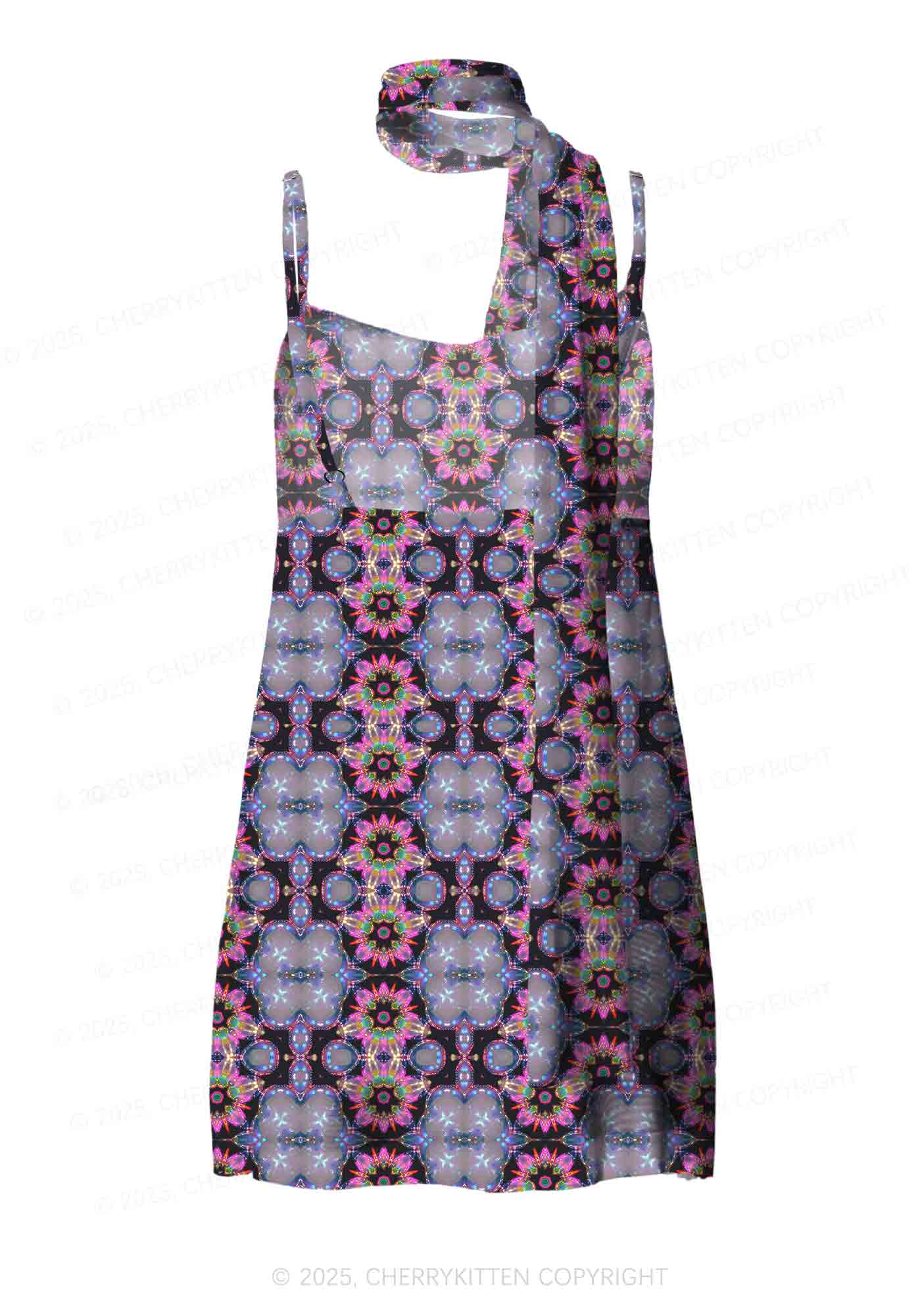 Rainbow Glow Y2K Mesh Slip Dress Cherrykitten