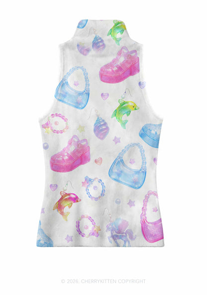 White Jelly Charms Y2K Knit Turtleneck Tank Top Cherrykitten