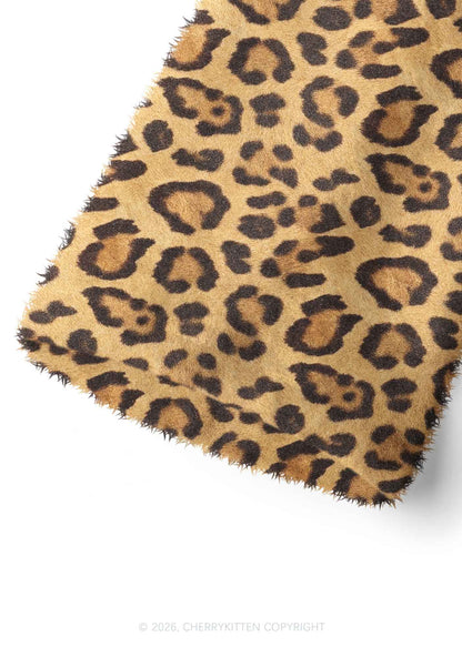 Khaki Leopard Y2K Print Fuzzy Straight Leg Warmers Cherrykitten
