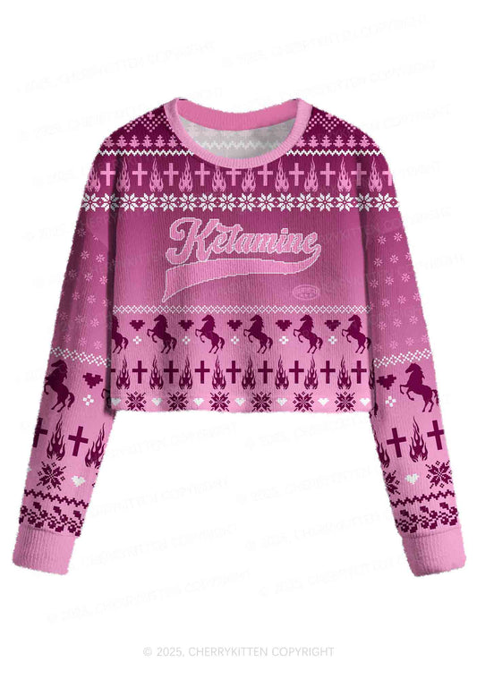Pink K Pony Y2K Christmas Crop Knit Sweatshirt Cherrykitten