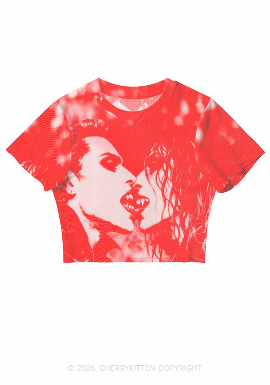 Halloween Red Pixels Vampire Couple Y2K Mesh Crop Top Cherrykitten