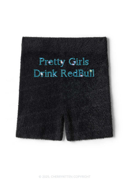 Rhinestone Pretty Girls Drink Redbull Y2K Fluffy Shorts Cherrykitten