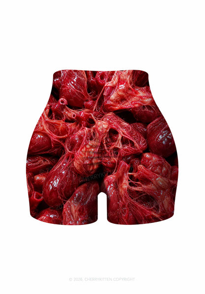 Halloween Red Anatomical Hearts Y2K Print Gym Shorts Cherrykitten