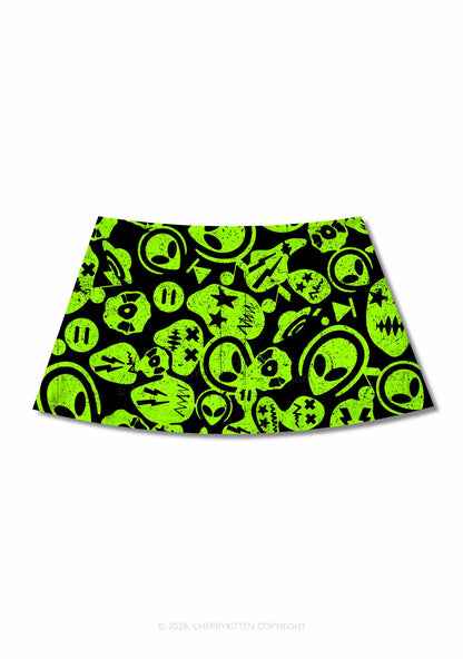 Green Alien Doodle Y2K Print Mini Skirt Cherrykitten
