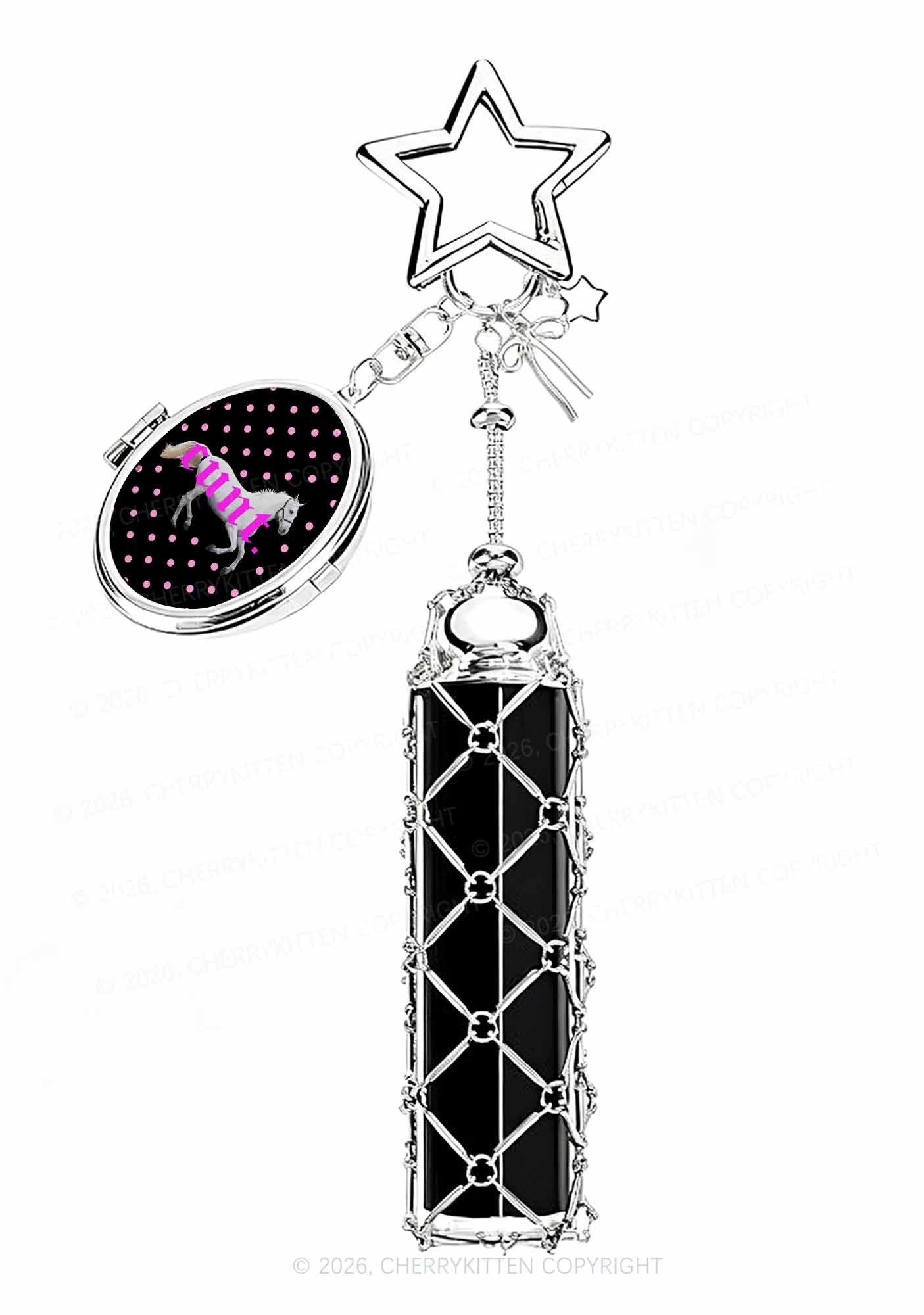 Pink Cxxt Horse 1pc Y2K Metal Mesh Lipstick Holder Keychain With Mirror Cherrykitten